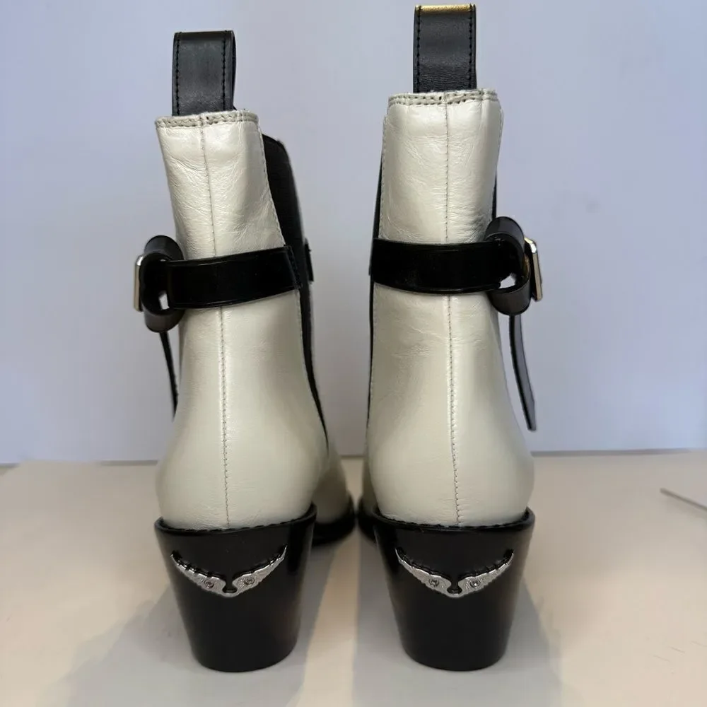 Zadig and Voltaire Tyler Ankle‎ Boots Black/White Wings Logo Sz 7 NIB